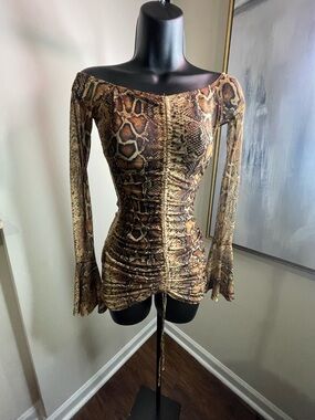 Off-Shoulder Brown Snake-Print Ruched mini dress
